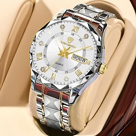 Advanced Men's Wristwatch Fashionable Men's Quartz Watch Rhinestone Decoration Dual Calendar Luminous Dial Stainless Steel Case Strap The Best Gift Choice for