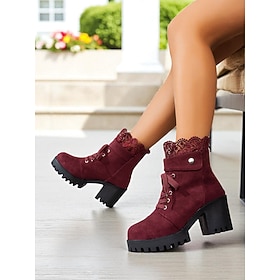 Women's Brown Lace-Up Ankle Boots with Chunky Heel and Crochet Trim, Vintage Faux Suede Fashion Booties for Casual Outfits Outdoor Events