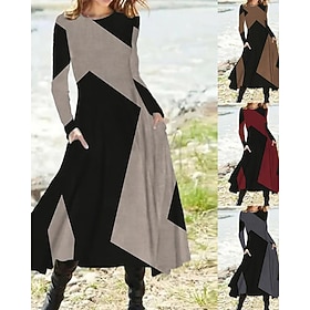 Women's Midi Dress Print Dress Vintage Fashion Modern Daily Holiday Going out Regular Fit Geometric Long Sleeve Crew Neck Wine Brown Dark Gray Grey Spring Fall