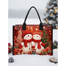 Women's Christmas Snowman Print Tote Bag, Large Capacity Canvas Shoulder Bag, Winter Holiday Gift Shopping Handbag for Women