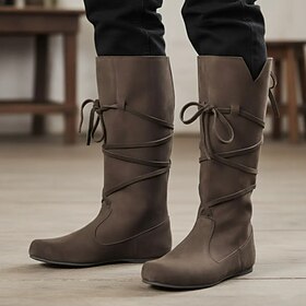 Men's Brown Faux Suede Mid-Calf Boots, Wraparound Lace-Up Boots with Flat Heel for Medieval Viking Costume, Renaissance Festivals, Cosplay Casual Wear