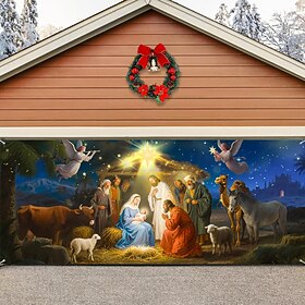 Christmas Garage Door Cover Nativity Wrap for Garage Door, Santa Sleigh and Reindeer Scene Heavy Duty Banner Cover, Waterproof Backdrop for Outdoor Yard Decora