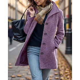 Women's Coat Warm Comfortable Pocket Buttons Vintage Casual Plain Vacation Street Casual Daily Wear Long Turndown Regular Fit Long Sleeve Outerwear Black Purpl
