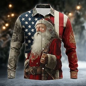 Christmas Men's Santa Claus American US Flag Eagle Shirt Button Up Shirt Long Sleeve Funny Christmas Gifts Holiday Spring Fall Turndown 3D Print Collared Shirt