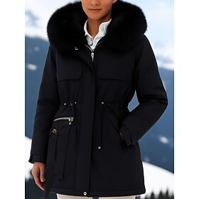 Women's Winter Coat Waterproof Windproof Pocket Fur Collar Daily Casual Regular Hooded Regular Fit Long Sleeve Outerwear Black Brown Khaki Fall Winter