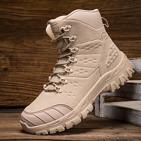 Men's Beige Outdoor Hiking Boots with Non-Slip Rubber Sole and Breathable Construction, Lightweight Tactical Boots for Trekking, Camping and Everyday Wear