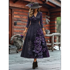 Halloween Women's Gothic Purple Rose Floral Print Maxi Dress A Line 3/4 Sleeve V Neck Witch Party Evening Dress Dark Purple