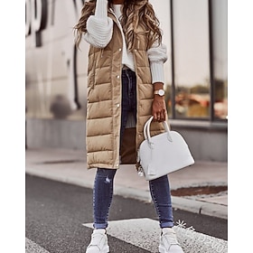 Women's Winter Coat Down Jacket Vest Warm Comfortable Pocket Buttons Casual Plain Casual Outdoor Vacation Street Long Hooded Regular Sleeveless Outerwear White