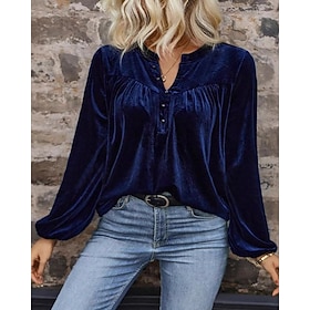 Women's Velvet Elegant Dressy Blouse Buttons Solid Color Plain Elegant Stylish Casual Long Sleeve V Neck Regular Tops Daily Holiday Going out Blue Brown Spring