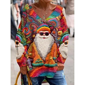 Christmas Women's Santa Claus T Shirt Graphic Claus Elegant Vintage Fashion Long Sleeve V Neck Regular Tops Daily Weekend Print Pink Red Green Spring Fall Wint