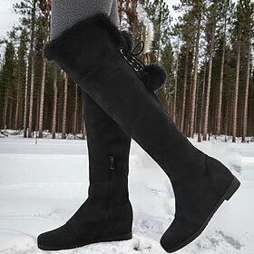 Women's Gray Over-the-Knee Winter Boots with Faux Fur Trim and Wedge Heel - Warm and Stylish Cold Weather Footwear