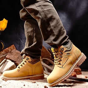 Men's Yellow Faux Leather Work Safety Boots with Shock-Absorbing Sole and Steel-Toe Protection, Durable Construction Boots for Outdoor Labor and Industrial Wor