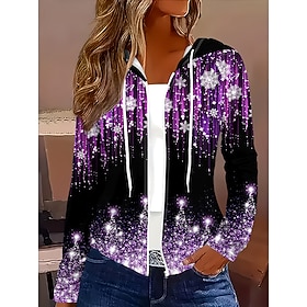 Christmas Women's Snowflake Zip Up Hoodies Floral Graphic Fashion Casual Long Sleeve Hooded Regular Tops Street Dailywear Zipper Pocket Print Purple Fall Winte
