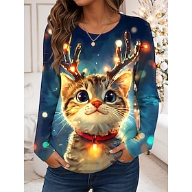 Christmas Women's T Shirt Graphic Cat Vintage Fashion Stylish Long Sleeve Round Neck Regular Tops Daily Weekend Print Sage Green Blue Green Fall Winter