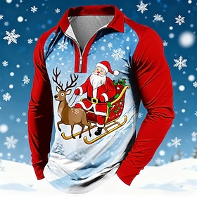 Christmas Men's Santa Claus Polo Long Sleeve Polo Shirts Lapel Casual Holiday Daily Wear Festival Outfit 3D Print Quarter Zip Polo Spring Fall Winter Red 1 Red