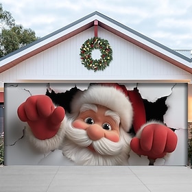 Christmas Garage Door Cover Santa Claus Breaking Through Wall Large Hanging Backdrop Outdoor Holiday Wall Banner Yard Home Festive 3D Party Decoration Seasonal