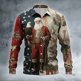 Christmas Men's Santa Claus American US Flag Eagle Shirt Button Up Shirt Long Sleeve Vintage Retro Christmas Gifts Holiday Spring Fall Turndown 3D Print Collar