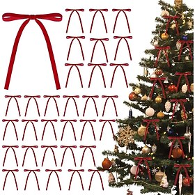 25pcs Christmas Ribbon Bows Ornaments Xmas Tree Decorations – Vintage Velvet Bows with Golden Ties for Quick Decorating, Perfect for Tree, Rustic Crafts, Gifts