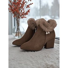 Women's Brown Faux Suede Block Heel Ankle Boots with Plush Fur Collar and Rhinestone Charm - Warm Winter Dress Boots for Work and Holiday
