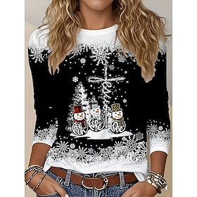 Christmas Women's Snowflake T Shirt Graphic Vintage Fashion Stylish Long Sleeve Crew Neck Regular Tops Daily Weekend Print Black Fall Winter