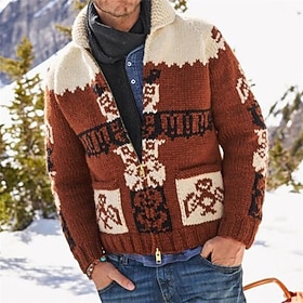 Men's Sweater Cardigan Sweater Fair Isle Sweater Ribbed Knit Regular Tops Button Up Color Block Plain Shawl Collar Vacation Fashion Casual Daily Wear Clothing