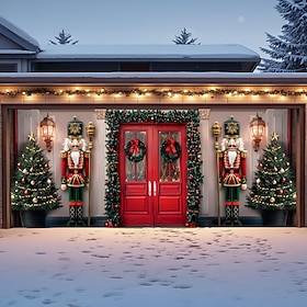 Christmas Garage Door Decorations Outdoor 2 Car, Large Xmas Nutcracker Soldiers Welcome Scene Christmas Garage Door Cover, Rustic Vintage Buddy Christmas for H