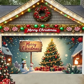 Christmas Garage Door Cover with Tree and Snowmen, Merry Christmas Sign Holiday Garage Banner Outdoor Xmas Decoration for Home Driveway Front Yard Decor