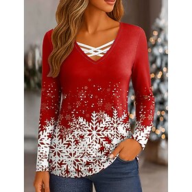 Christmas Women's Snowflake T Shirt Graphic Ugly Vintage Stylish Classic Long Sleeve V Neck Regular Tops Daily Print Red Blue Purple Green Fall Winter
