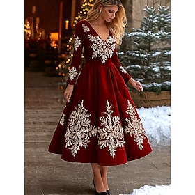 Christmas Women's Maxi Dress A Line Dress Vacation Casual Party Daily Evening Party Regular Fit Graphic  Long Sleeve V Neck Dark Red Wine Spring Fall Winter