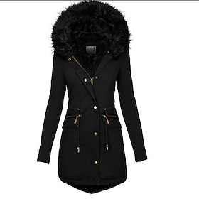 Women's Winter Coat Parka Warm Comfortable Fur Trim Zipper Pocket With Belt Casual Plain Vacation Street Casual Daily Wear Long Hooded Slim Long Sleeve Outerwe