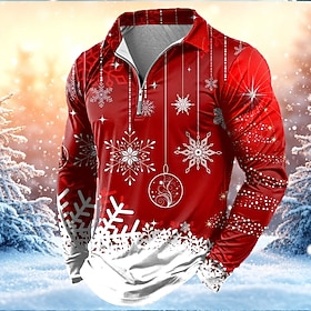 Christmas Men's Snowflake Zip Polo Shirts Long Sleeve Polo Shirts Lapel Casual Outdoor Festival Outfit 3D Print Spring Fall Winter Red 1 Blue Purple