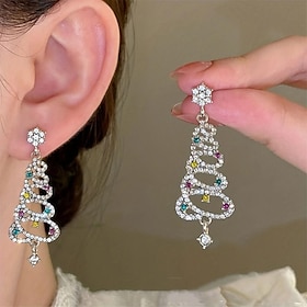 1 Pair Christmas Tree Earrings Rhinestone Ribbon Stud Alloy with UV-Plated Multicolor Gemstones, Festive Fashion Earrings for Women, Perfect for Daily Wear and
