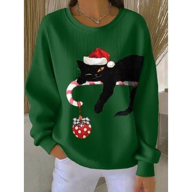 Christmas Women's Animals Cat Pullover Sweatshirt Graphic Animal Casual Long Sleeve Crew Neck Regular Tops Street Dailywear Casual White Pink Green Fall Winter