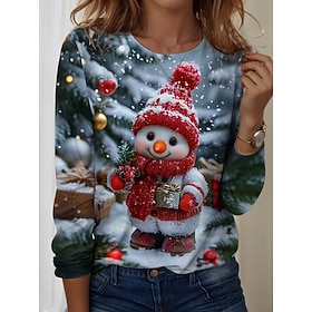 Christmas Women's Snowman Snowflake T Shirt Graphic Vintage Fashion Stylish Long Sleeve Crew Neck Regular Tops Daily Weekend Print Red Blue Fall Winter