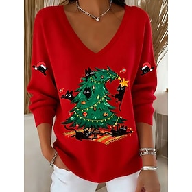 Christmas Women's Christmas Tree Sweater Pullover Fashion Streetwear Casual Graphic Animal V Neck Oversized Knitted Long Sleeve Regular Tops Knit Outdoor Daily