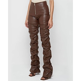 Women's Leather Pants Fashion Streetwear Casual Full Length Medium Waist Plain Zipper Pocket Comfortable Micro-elastic Daily Outdoor Vacation rice white Depres