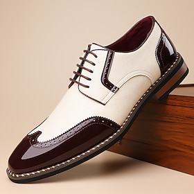 Men's White and Burgundy Wingtip Faux Leather Oxford Shoes with Brogue Detailing, Retro Formal Shoes for Weddings, Business Meetings and Special Occasions