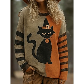 Halloween Women's Pullover Graphic Cat Pumpkin Vintage Fashion Classic Long Sleeve Crew Neck Regular Tops Casual Print Orange Fall Winter