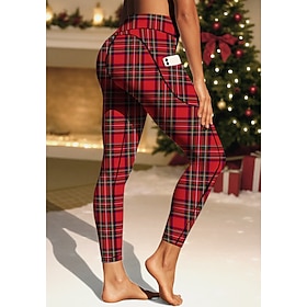 Christmas Women's pilates leggings fitness pants Gym Leggings Pockets Stamp Duty Side Pockets Pilates Gym Gym Workout Pants Tights Leggings Plaid Christmas Red