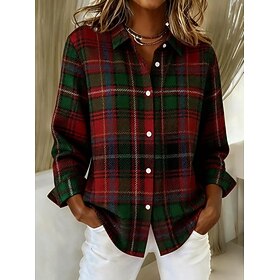 Women's Shirt Blouse Patchwork Buttons Print Graphic Geometric Plaid Vintage Daily Stylish Long Sleeve Shirt Collar Regular Tops Daily Blue Yellow Pink Wine Re