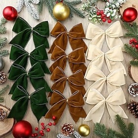 12 Pcs Christmas Velvet Bows 6 Inch Rustic Wreath Gift Bows Vintage Xmas Velvet Ribbon Bow Ornaments for Christmas Farmhouse Tree Garland DIY Craft Wrapping De