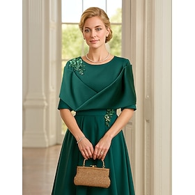 A-Line Tea Length Party Dress Cocktail Dress Wedding Guest Dress Mother of the Bride Dress Half Sleeve Crew Neck Elegant Vintage Party with Pleats Embroidery