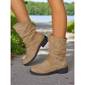 Botas de media pantorrilla de ante sintético color caqui para mujer con diseño holgado y hebilla de anilla lateral, cómodas botas de montar informales de tacón