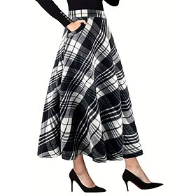 Women's Elegant Fashion Casual Midi Mid Waist Skirts Plaid Plain Pocket Inelastic Daily Office / Career Black And White Fall