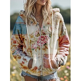 Women's Zip Up Hoodies Zip Up Sweatshirts Drawstring Zipper Floral Graphic Animal Elegant Warm Active Long Sleeve Hooded Regular Tops Casual Home Work White Sp