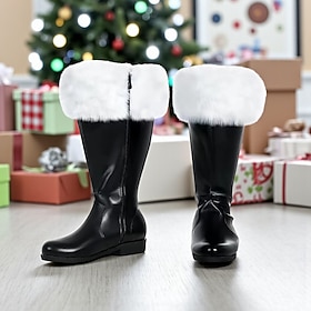 Men's Black Knee-High Santa Boots with White Faux Fur Cuff, Side Zipper Low Wedge Heel, Christmas Costume Boots for Men, Holiday Cosplay, Parties Winter Even