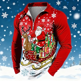 Christmas Men's Santa Claus Polo Long Sleeve Polo Shirts Lapel Casual Holiday Daily Wear Festival Outfit 3D Print Quarter Zip Polo Spring Fall Winter Red 1 Red