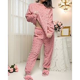 Women's Pajamas Loungewear Fuzzy Fleece Flannel Pajama Set Casual Pure Color Elastic Waist Pant Vacation Home Daily Long Sleeve Crew Neck White Pink Royal Blue