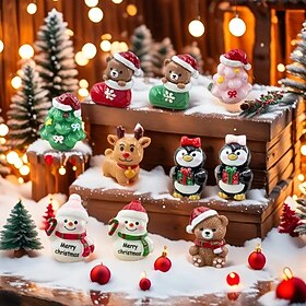 12 Pack Christmas Mini Resin Ornaments Stocking Stuffers – Cute Bear, Snowman, Penguin, Reindeer, Christmas Tree Figurines for Home Decor, Mini Garden Fairy Te