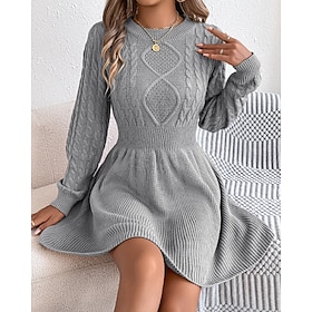 Women's Mini Dress Poly-Cotton Linen Texture Dresses Sweater Dress Modern Daily Christmas Going out Regular Fit Plain Long Sleeve Crew Neck Black Wine Grey Fal
